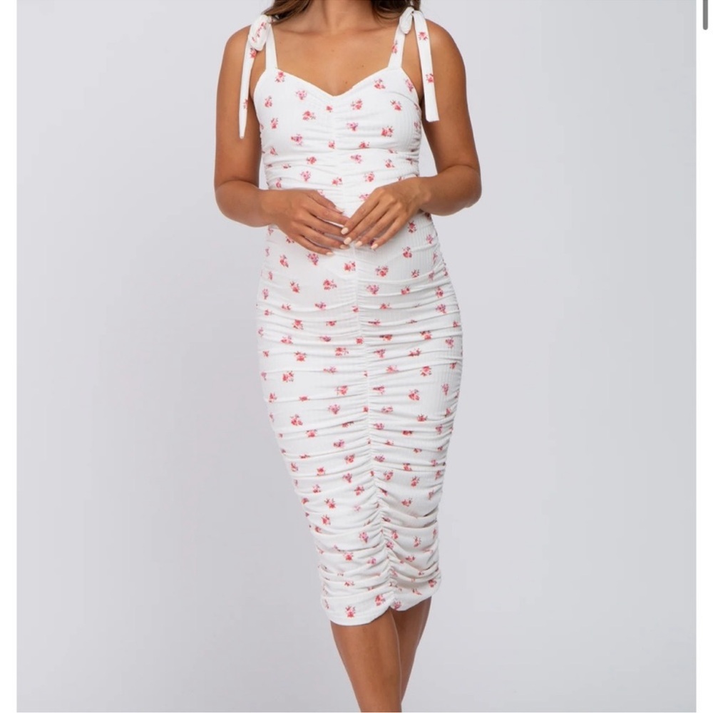 Pink Blush White Floral Ruched Maternity Mini Dress size M - Picture 2 of 6